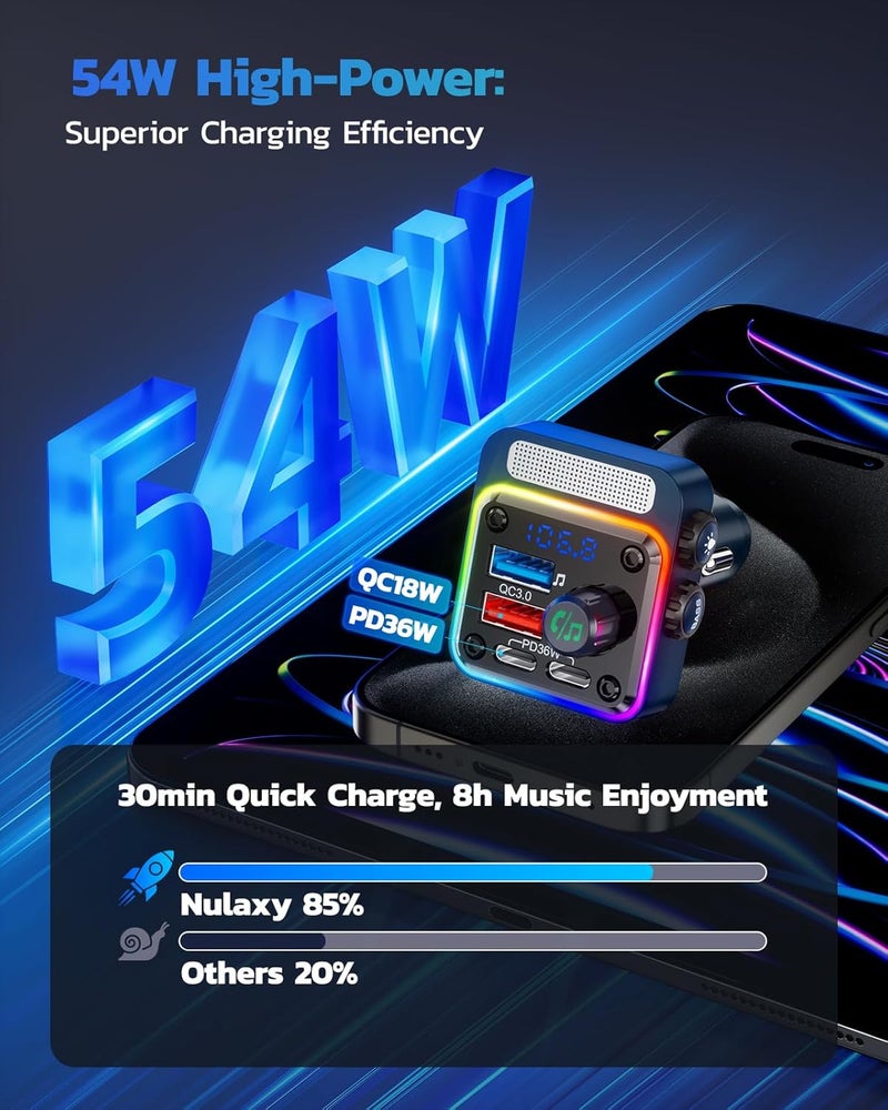 nulaxy 54W Bluetooth 5.3 Car Adapter with 4 Charging Ports [PD 36W & QC3.0 18W], Wireless Radio FM Transmitter with Deep Bass Player & 5 Colors LED Backlit, Hands-Free Calling - Blue - Image 2